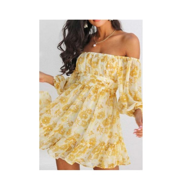 Dresses & Skirts - Sunkissed Yellow Off the Shoulder Floral Mini Dress!
